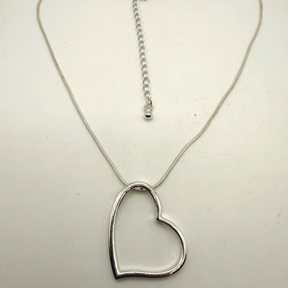 Silver Tone Open Heart Pendant Necklace Snake Chain Adjustable Clasp 15-18"